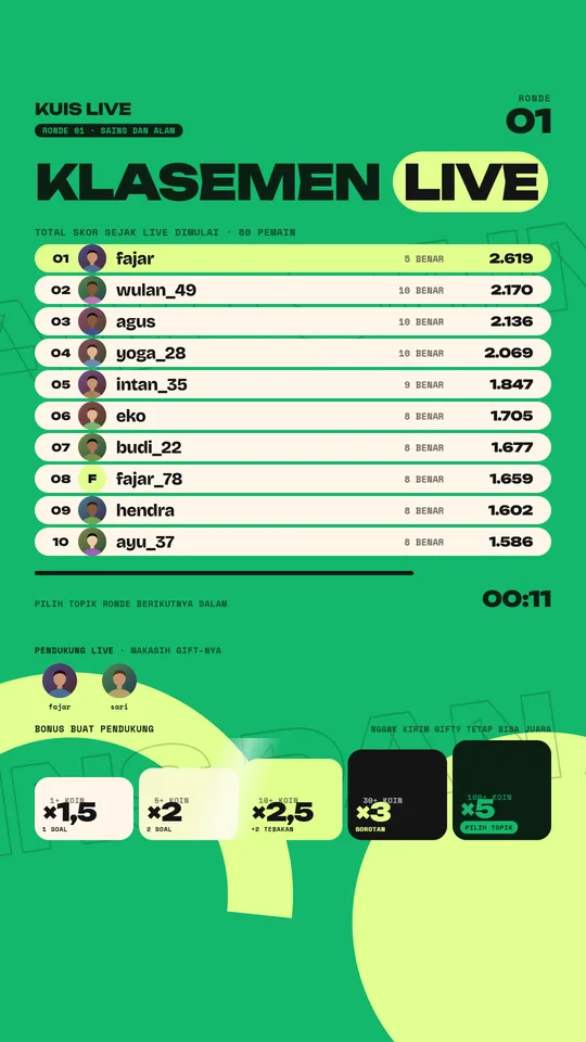 Layar klasemen tampilan Kinetic Poster
